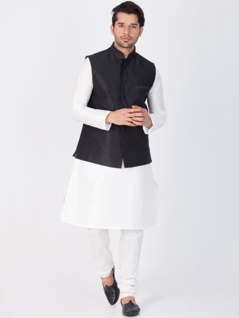 

VASTRAMAY Men White Solid Kurta With Churidar & Nehru Jacket