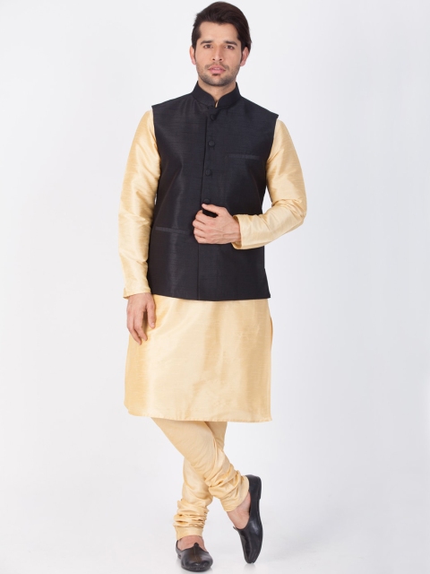 

VASTRAMAY Men Gold-Toned Solid Kurta With Churidar & Nehru Jacket