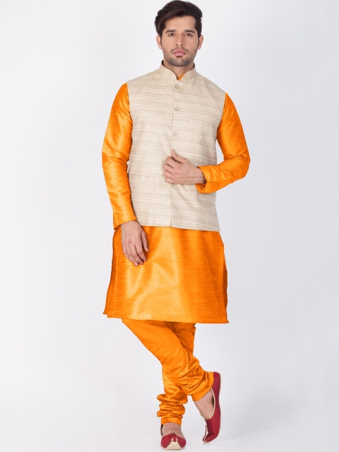 

VASTRAMAY Men Orange Solid Kurta With Churidar & Nehru Jacket