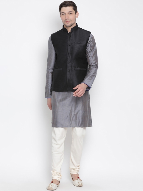 

VASTRAMAY Men Grey Solid Kurta With Churidar & Nehru Jacket