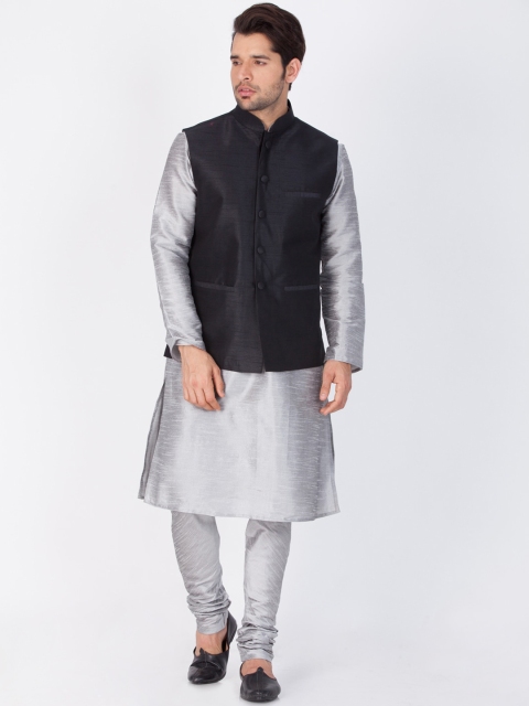 

VASTRAMAY Men Grey Solid Kurta With Churidar & Nehru Jacket