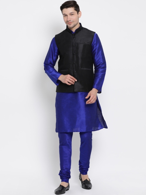 

VASTRAMAY Men Blue Solid Kurta With Churidar & Nehru Jacket