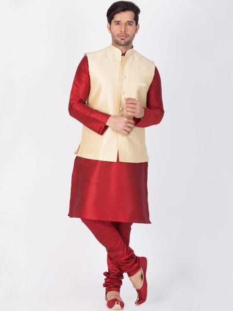 

VASTRAMAY Men Maroon Solid Kurta With Churidar & Nehru Jacket