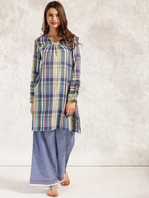 

Anouk Navy & Beige Printed A-Line Kurta, Navy blue