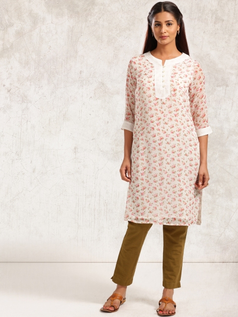 

Anouk Women Off-White & Pink Floral Print A-Line Kurta