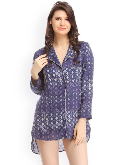 

Clovia Navy Printed Sleep Shirt NS0552P08, Navy blue