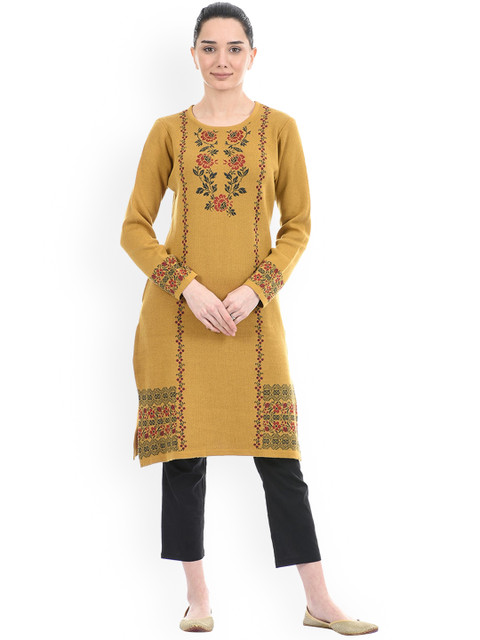 

American Eye Women Mustard Yellow Ethnic Motifs Printed Acrylic Kurta