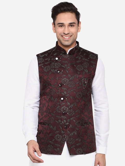 

JB STUDIO Men Maroon Floral Lightweight Nehru Jacket