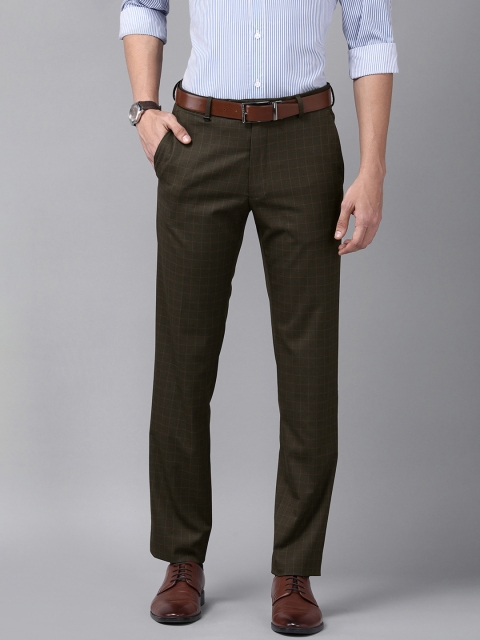 

Van Heusen Men Olive Green Checked Slim Fit Trousers