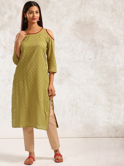 

Anouk Women Mustard Yellow Jacquard Woven Straight Kurta