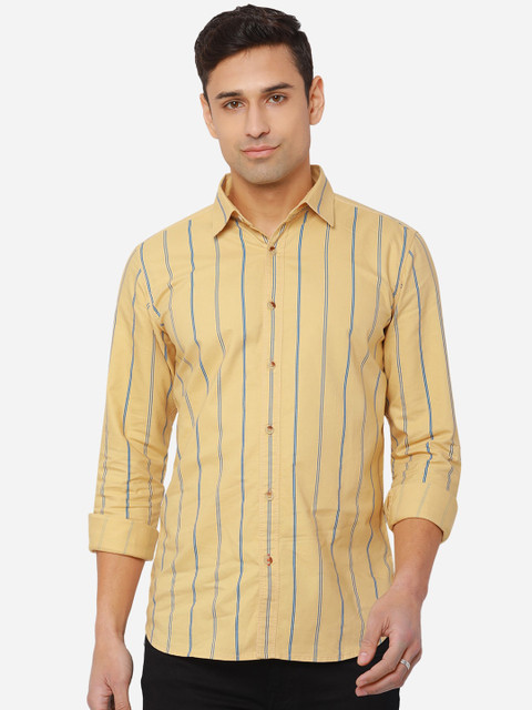 

JADE BLUE Men Beige Slim Fit Striped Pure Cotton Casual Shirt