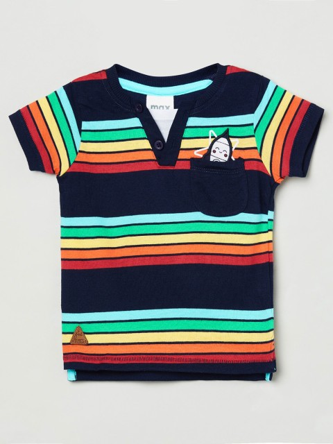 

max Boys Navy Blue & Orange Striped Pure Cotton Pockets T-shirt