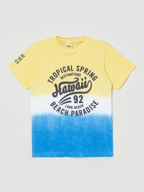 

max Boys Yellow & Blue Typography Dyed Pure Cotton T-shirt