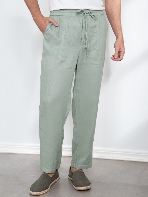 

ORIGIN BY ZALORA Green Solid Mid-Rise Regular Fit Linen Cropped Trousers