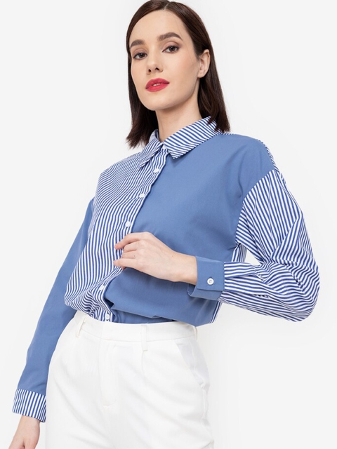 

ZALORA WORK Women Blue & White Striped Slim Fit Striped Casual Shirt