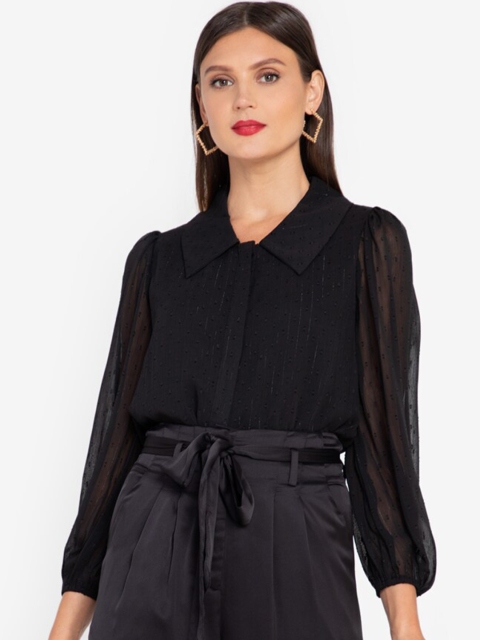 

ZALORA OCCASION Women Black Skinny Fit Semi Sheer Balloon Sleeves Casual Shirt