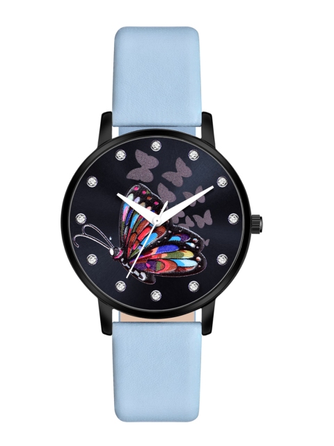 

Rage Enterprise Women Black Brass Printed Dial & Blue Leather Straps Analogue Watch RW380