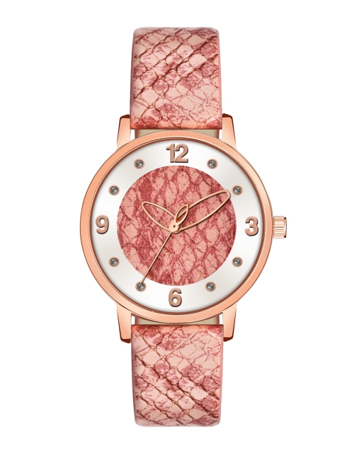 

Rage Enterprise Women Pink Brass Embellished Dial & Pink Leather Textured Straps Analogue Watch RW363
