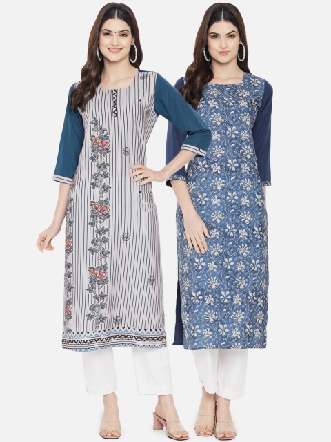

KALINI Women Multicoloured Floral Printed Thread Work Crepe Kurta, Teal