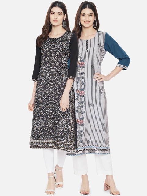 

KALINI Women Set of 2 Ethnic Motifs Printed Crepe Kurta, Black