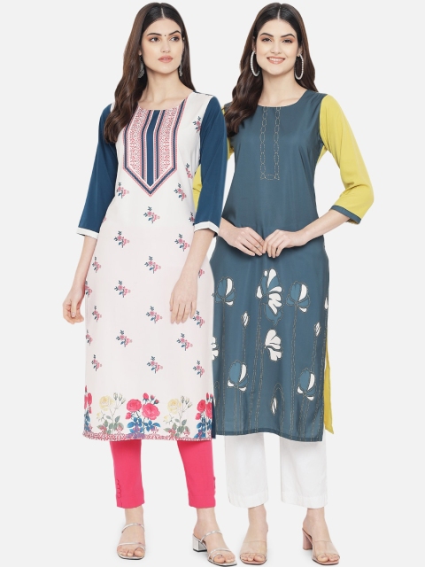 

KALINI Women Pack Of 2 White & Blue Floral Printed Crepe Kurta