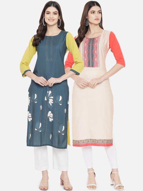 

KALINI Women Pack of 2 Teal & Peach-Coloured Ethnic Motifs Printed Crepe Kurta