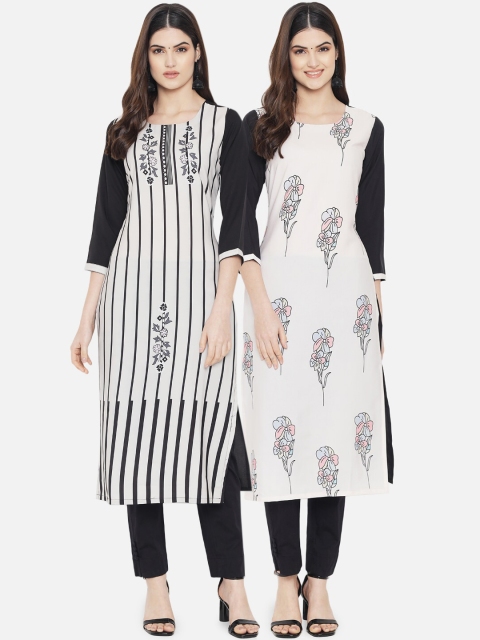 

KALINI Women Set Of 2 Striped Thread Work Crepe Kurta, White