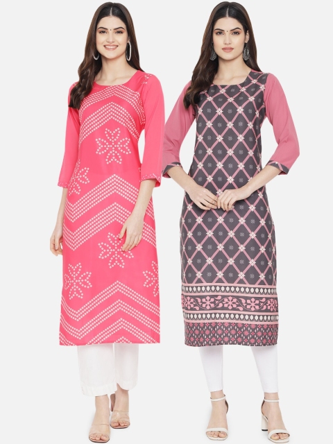 

KALINI Women Pack Of 2 Coral Pink & Pink Geometric Printed Crepe Kurta