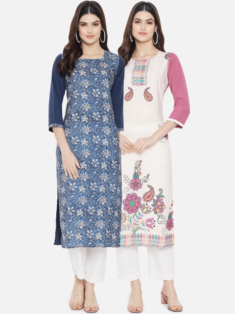 

KALINI Women Pack of 2 Blue & Cream-Colourd Digital Printed Straight Kurtas