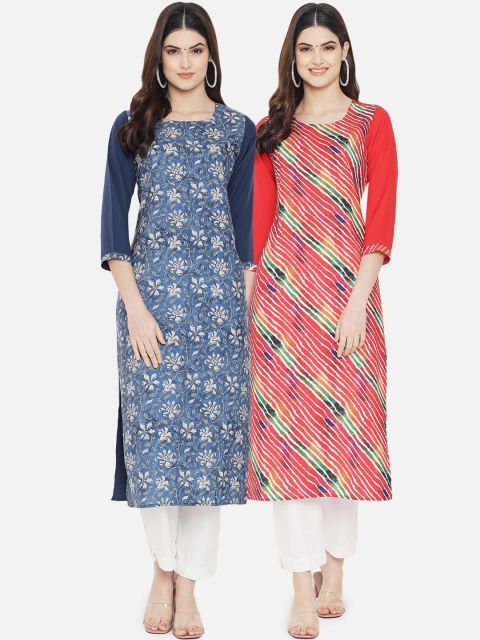 

KALINI Women Pack Of 2 Blue & Red Digital Printed Straight Kurta