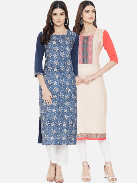 

KALINI Women Pack of 2 Blue & White Floral Printed Crepe Straight Kurta