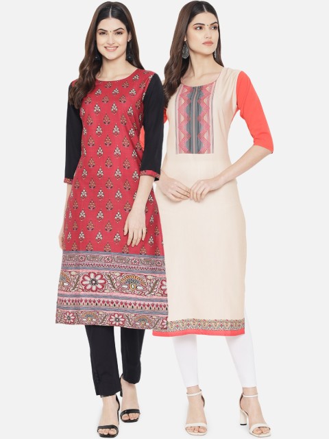 

KALINI Women Pink & Cream-Coloured Ethnic Motifs Printed Crepe Straight Kurta Pack Of 2