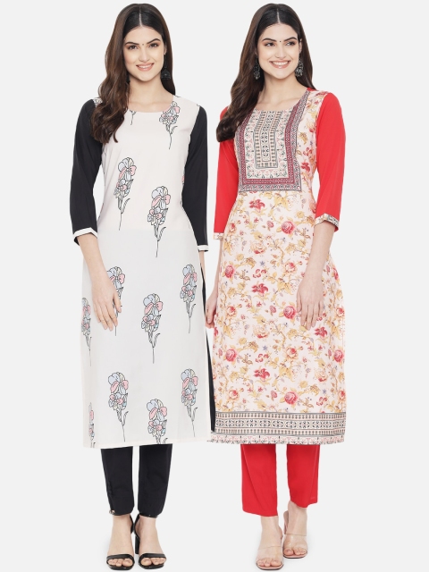 

KALINI Women Set Of 2 Floral White & Red Digital Printed Straight Crepe Kurta