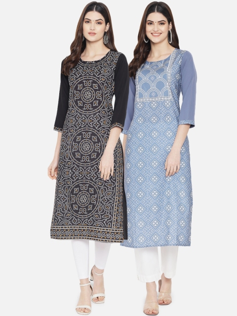 

KALINI Women Blue & Black Set Of 2 Digital Printed Crepe Kurta