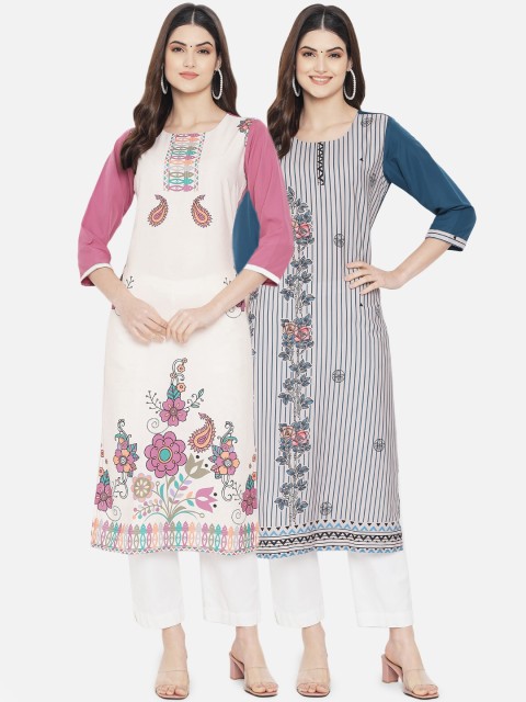 

KALINI Women Pack of 2 Pink & Beige Printed Crepe Kurta
