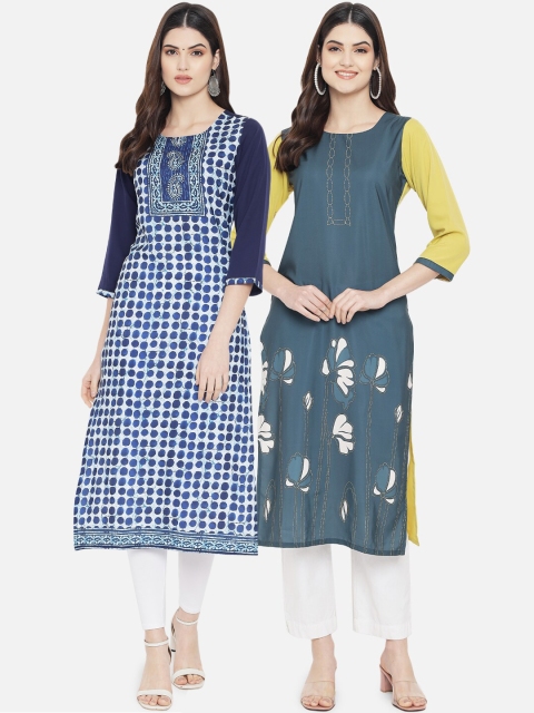 

KALINI Women Pack Of 2 Blue & Grey Checked Crepe Kurtas