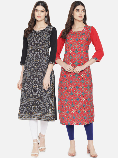 

KALINI Women Pack Of 2 Black & Red Ethnic Motifs Printed Kurta