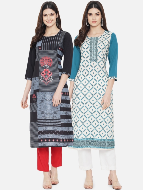 

KALINI Women Pack of 2 Printed Crepe Kurtas, Black