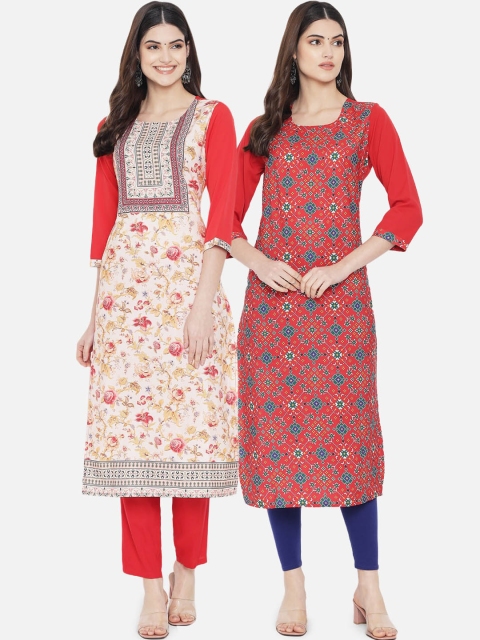 

KALINI Women Pack of 2 Maroon & White Ethnic Motifs Printed Crepe Kurta