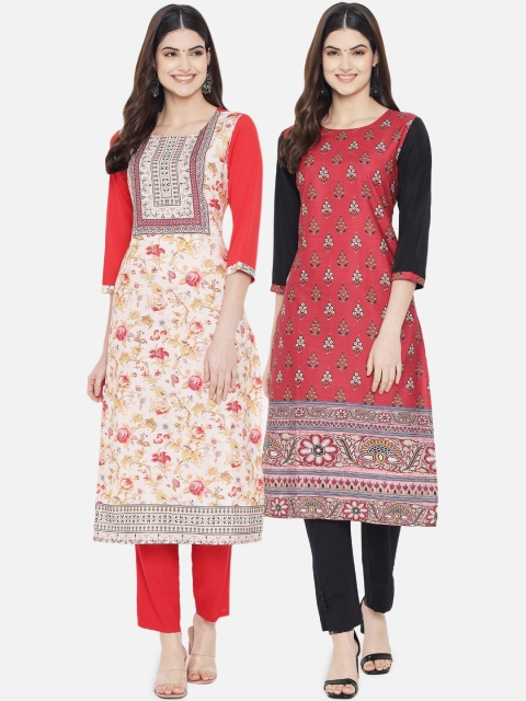 

KALINI Women Set of 2 Ethnic Motifs Printed Crepe Kurta, Red