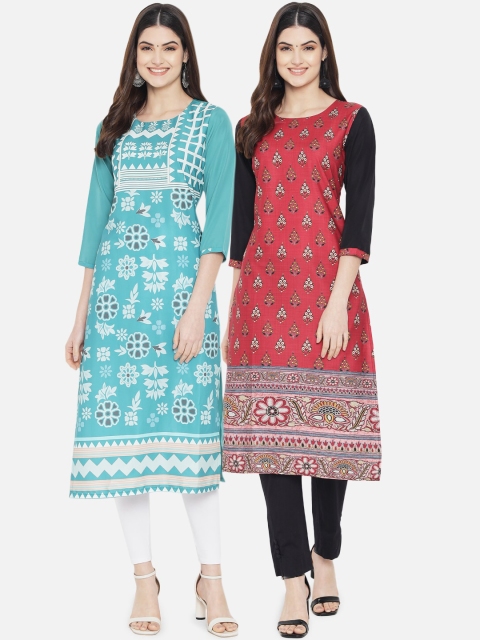 

KALINI Women Blue & Red Set Of 2 Digital Printed Crepe Kurta