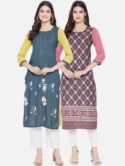 

KALINI Women Pack Of 2 Grey & Pink Floral Printed Crepe Kurtas