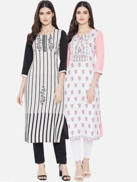 

KALINI Women Pack of 2 White & Black Printed Crepe Straight Kurta