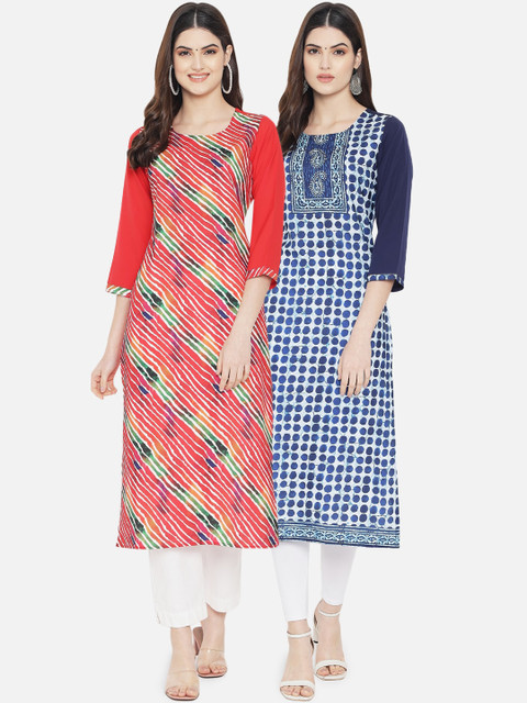 

KALINI Women Red & Blue Set Of 2 Digital Printed Straight Crepe Kurtas