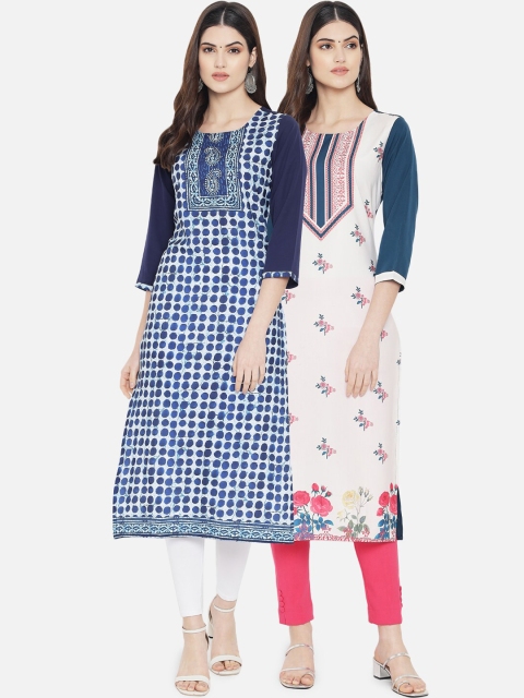 

KALINI Women Pack of 2 Blue & Cream-Coloured Digital Printed Straight Kurtas