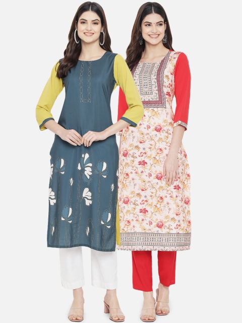 

KALINI Women Pack of 2 Grey & Yellow Printed Crepe Kurta