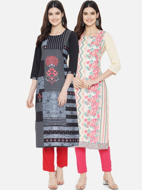 

KALINI Women Pack of 2 Multicoloured Printed Crepe Straight Kurtas, Multi