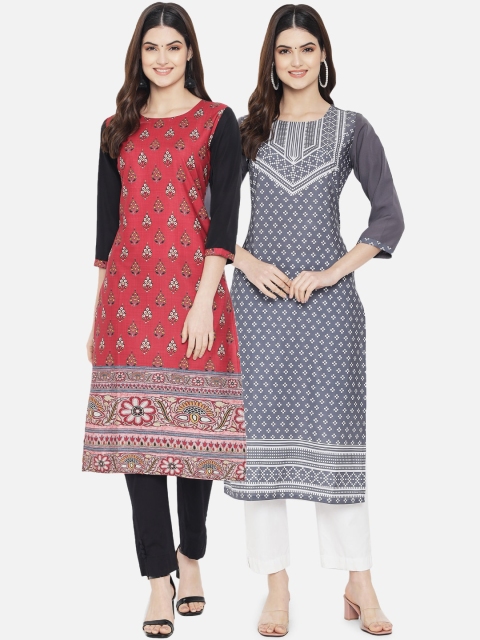 

KALINI Women Pack Of 2 Red & Grey Ethnic Motifs Digital Printed Crepe Kurta