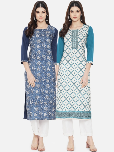 

KALINI Women Pack of 2 Printed Crepe Kurtas, Blue