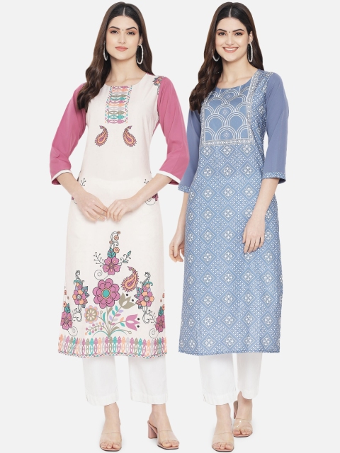 

KALINI Women Set of 2 Ethnic Motifs Printed Crepe Kurta, Blue